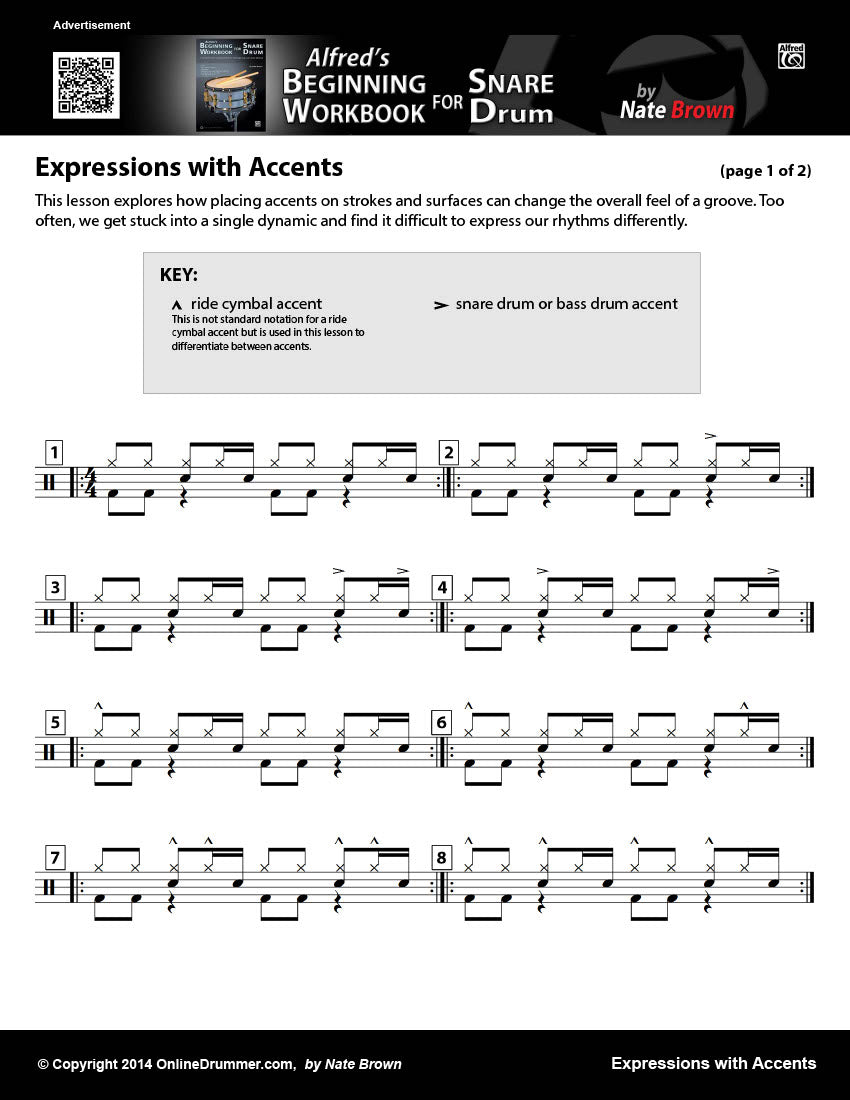 Drum notation for the "Expression With Accents" drum lesson. Page 1.