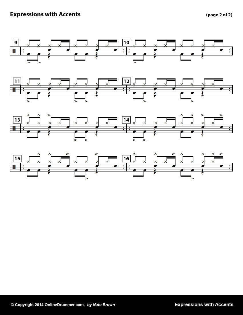 Drum notation for the "Expression With Accents" drum lesson. Page 2.