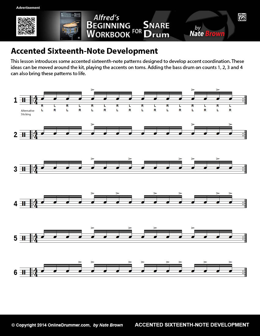 Drum notation for the "Accented Sixteenth-Note Development" drum lesson.