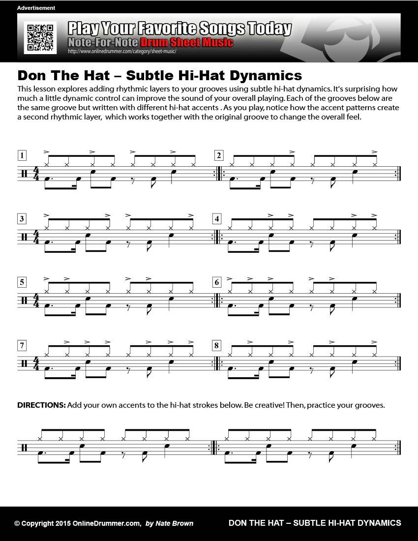 Drum notation for the "Don The Hat - Subtle Hi-Hat Dynamics" drum lesson.