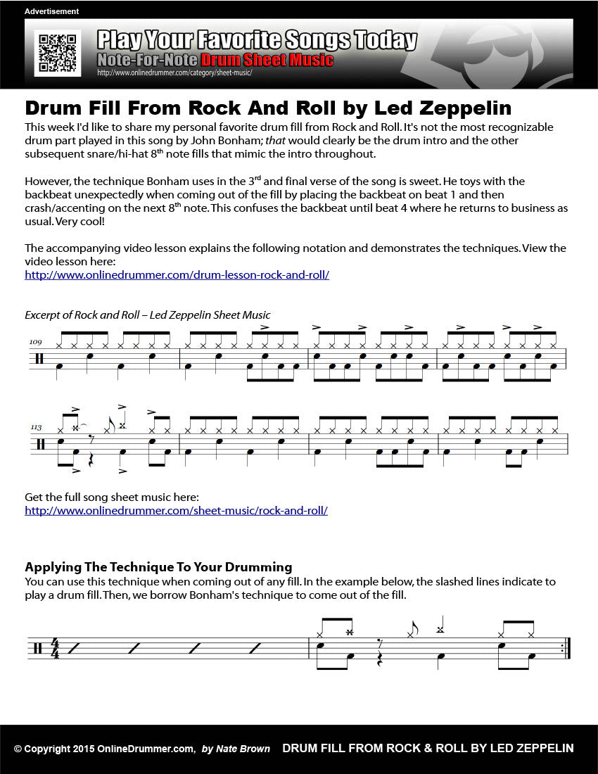 Drum notation for the "Drum Lesson - Rock and Roll" drum lesson.