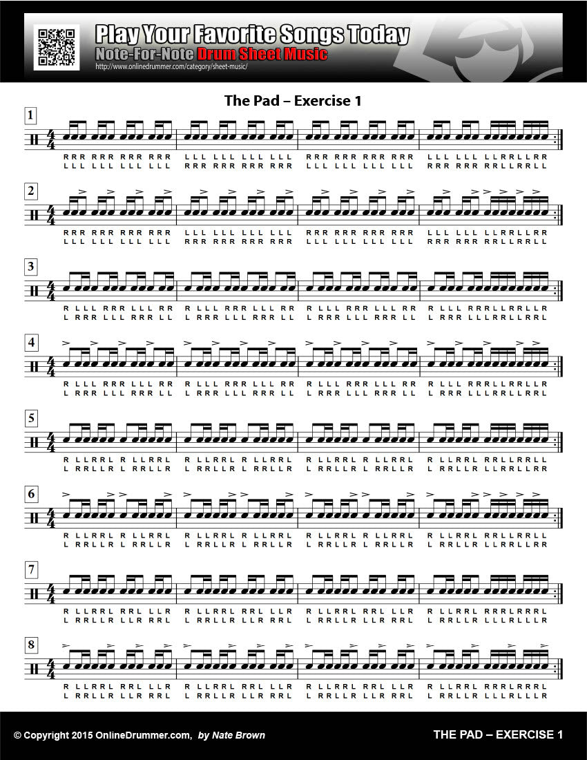 Drum notation for the "The Pad - Exercise 1" practice pad exercise.