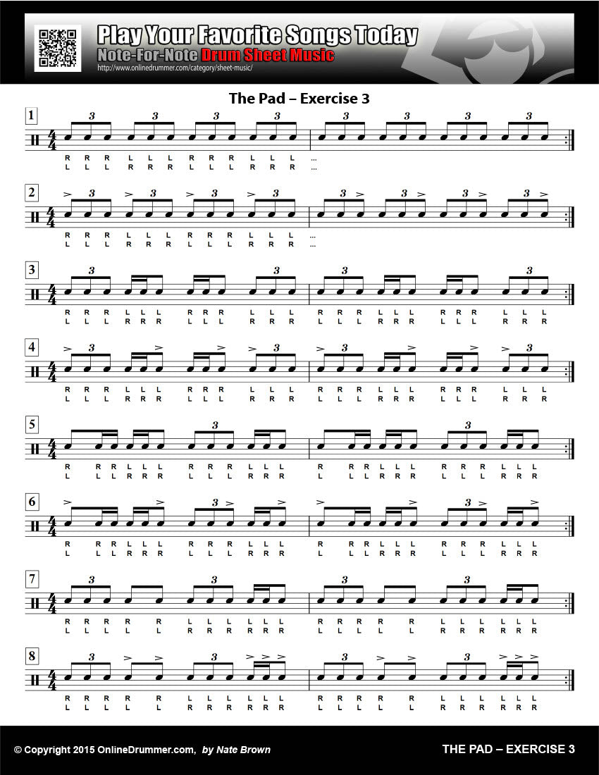 Drum notation for the "The Pad - Exercise 3" practice pad exercise.