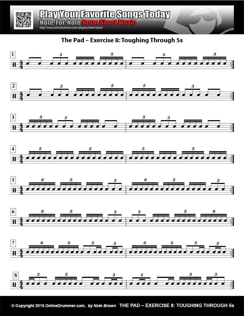Drum notation for the "The Pad - Exercise 8: Toughing Through The 5s" practice pad exercise.