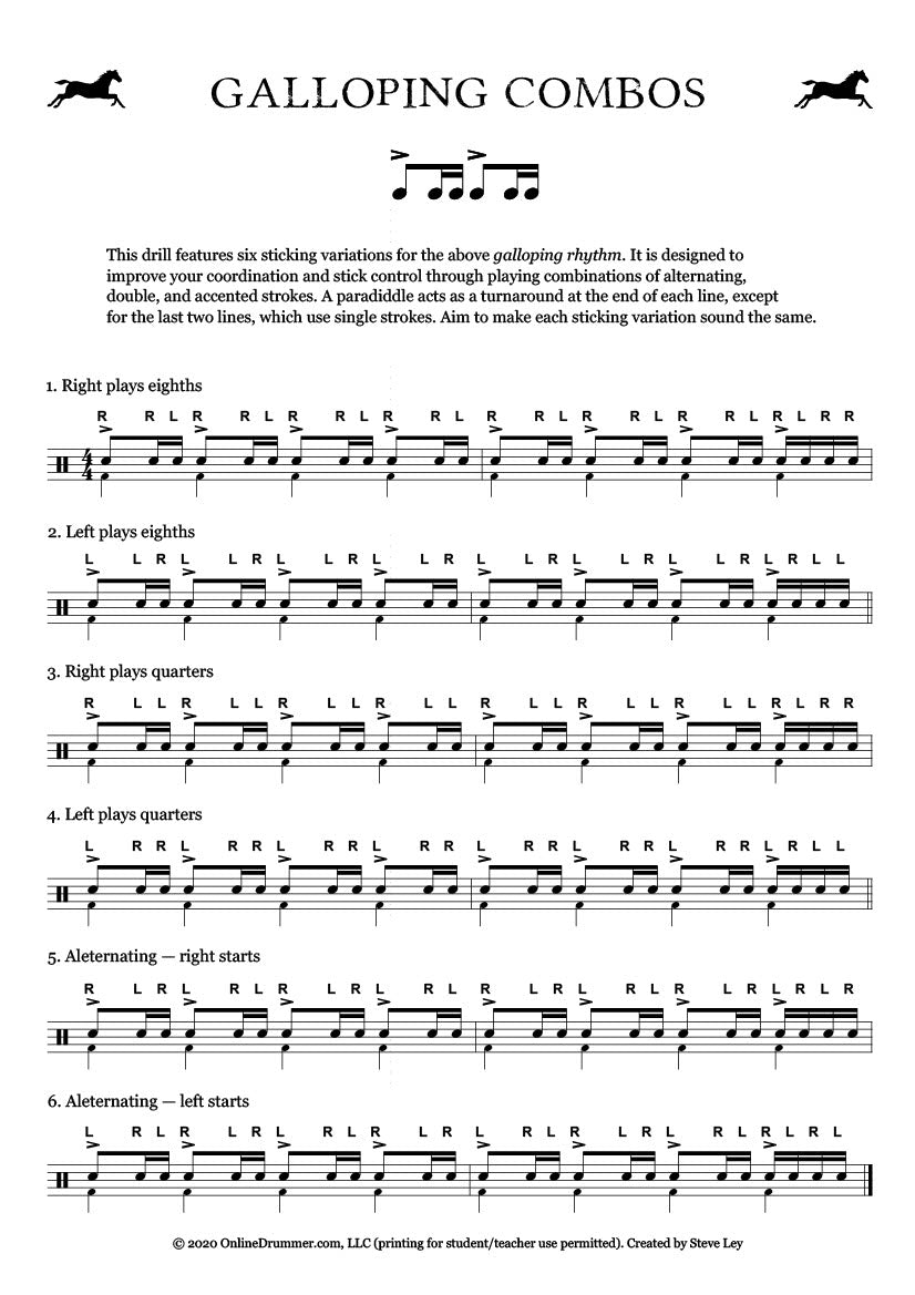 Drum notation for the "Galloping Combos - Practice Pad Exercise."