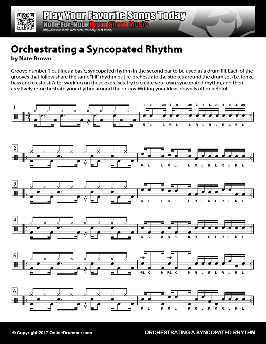Drum notation for the "Orchestrating a Syncopated Drum Fill" drum lesson.