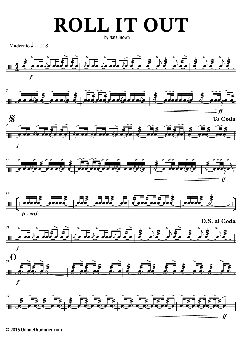 Drum notation for the "Roll it Out" snare drum solo.