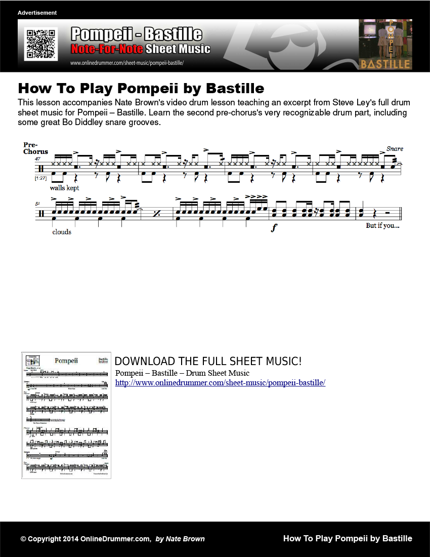 Drum notation for the "How To Play Pompeii by Bastille" drum lesson.