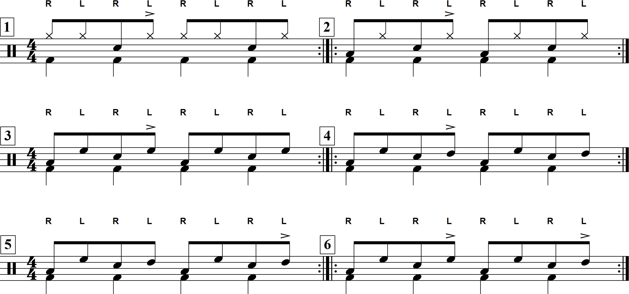 Drum notation for the "Your Go-To Rock Shuffle" drum lesson. Ex. 2.