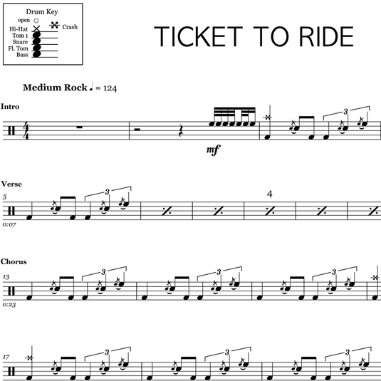 Ticket To Ride - The Beatles - Drum Sheet Music