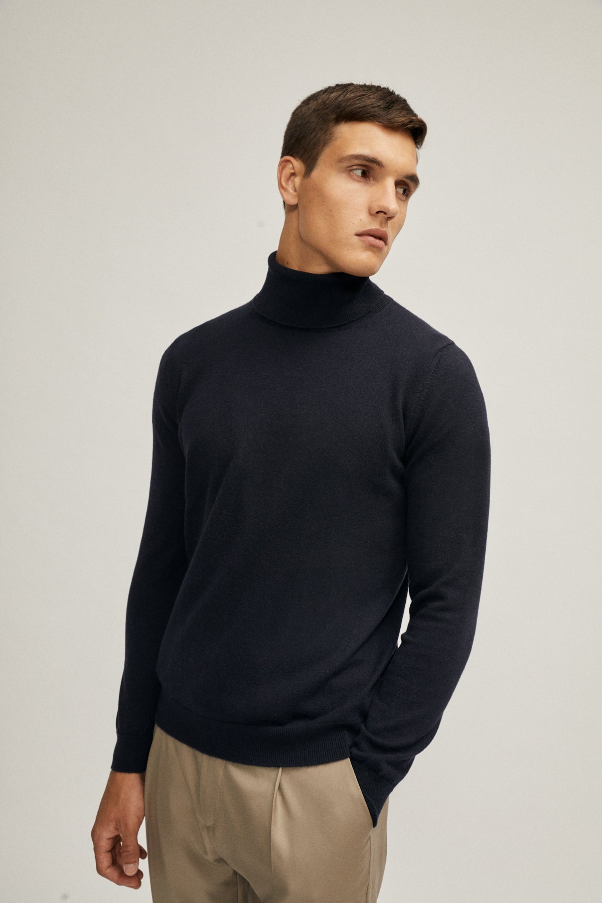 navy blue cashmere roll neck