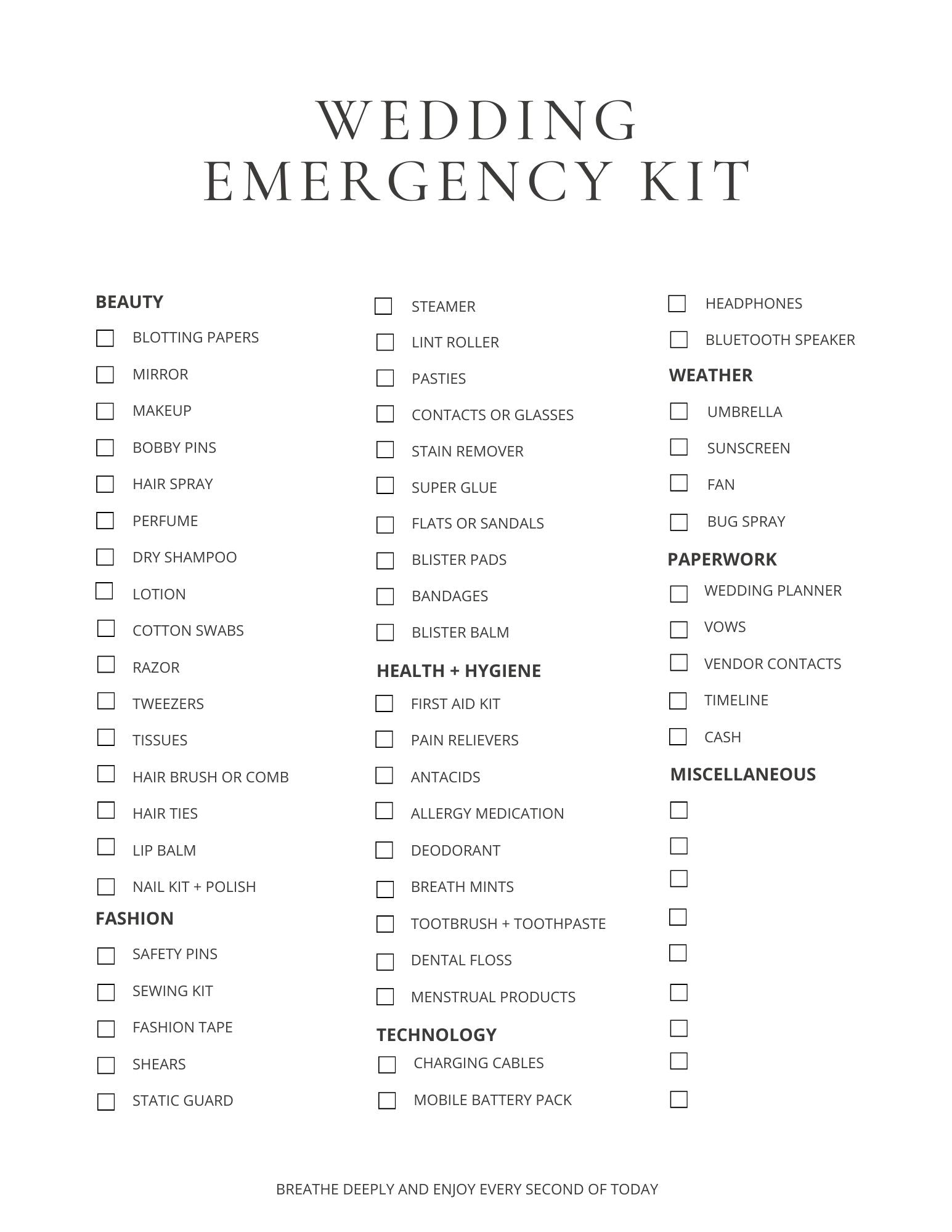 Wedding Day emergency preparedness list, outlining what a bride and groom should pack and bring to their wedding, in case there are any last-minute emergencies.