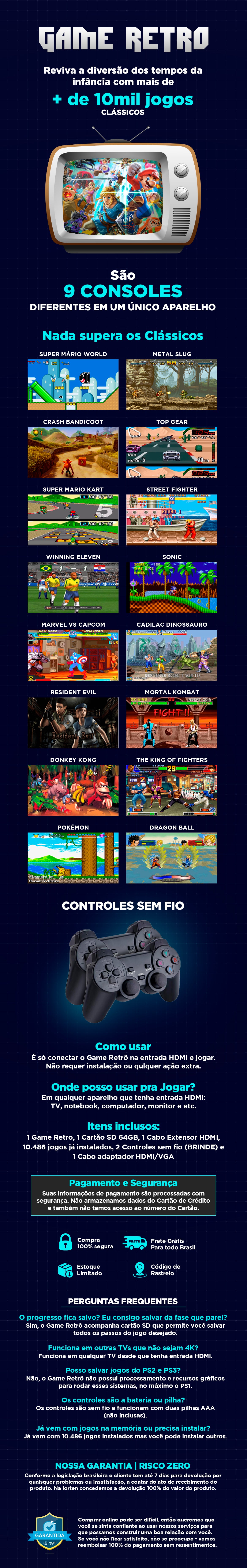 Videogame Retrô Pollo® 4000 Jogos + 2 controles de brinde (Resolução 4