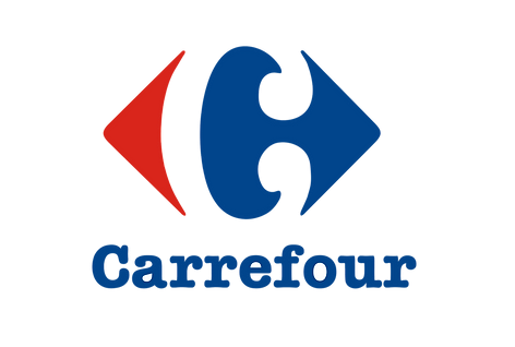 Logo of Carrefour with a red and blue arrowhead design alongside the brand name.