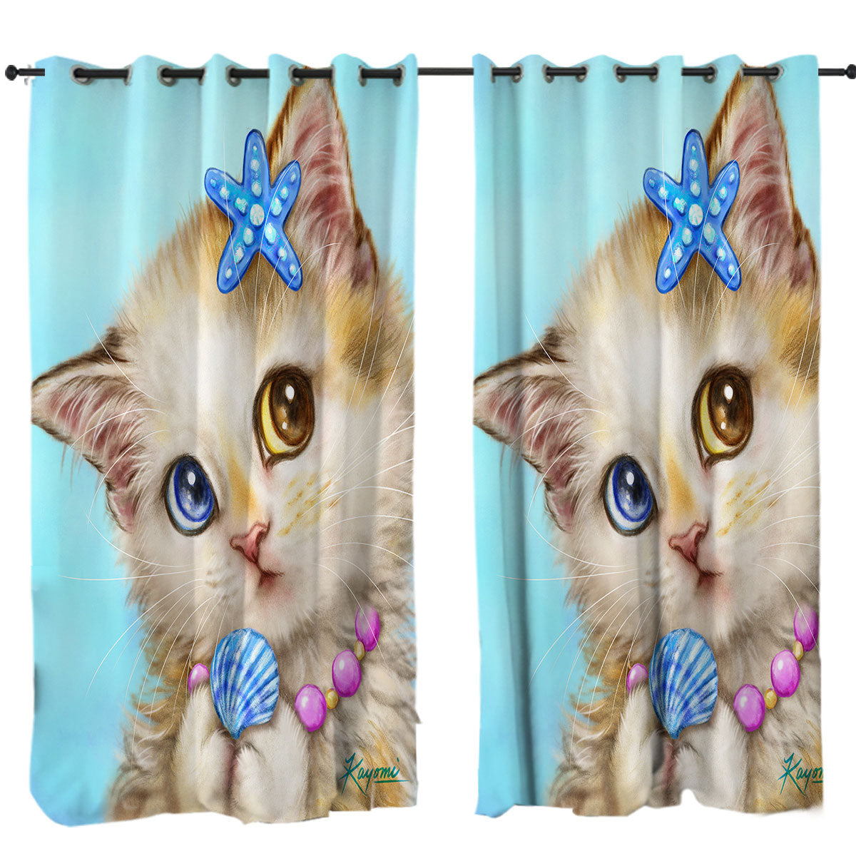 Adorable Cats Drawings Seashells Girly Kitten Curtain