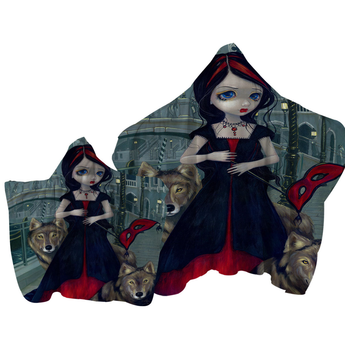 Wolves of Venice Gothic Maiden and Her Wolves Towel with Hood