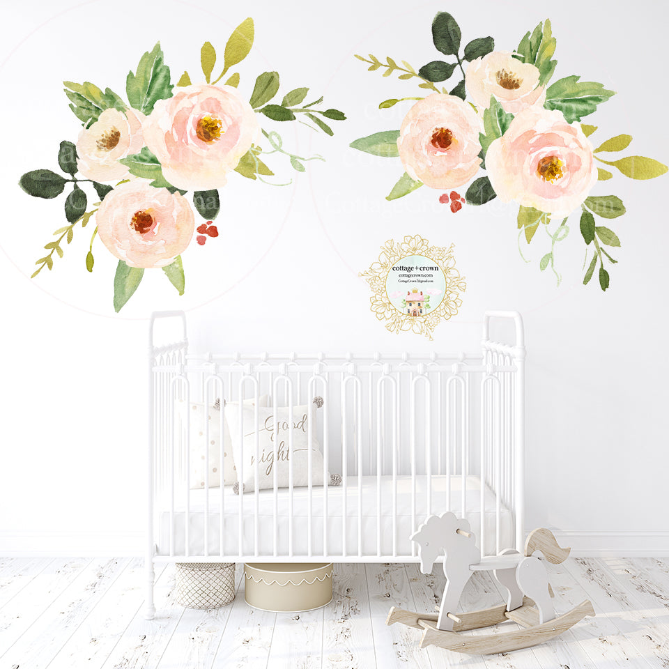 2 Peony Blush Flower Bouquet Wall Decals Baby Girl Floral Pink Nursery 