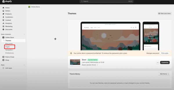 Pages option in Shopify admin dashboard