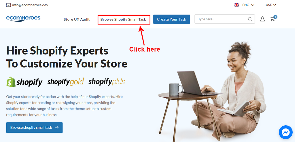 Shopify website homepage browse shopify task option