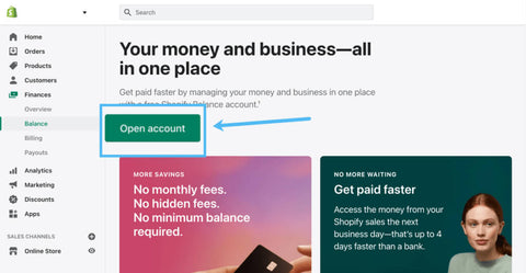 shopify balance account open option