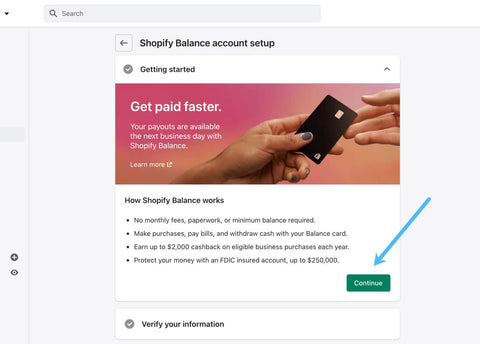 shopify balance getting started option
