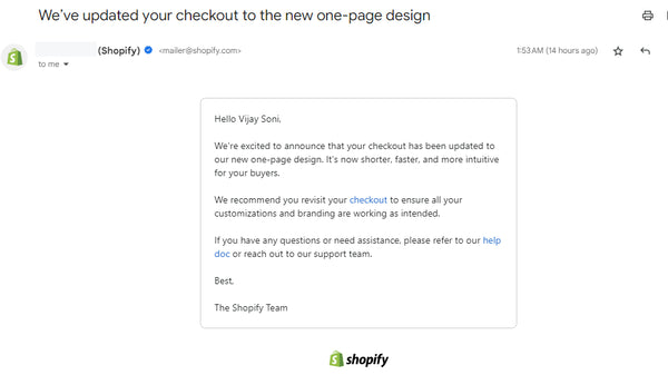 shopify one page checkout email from Shopify