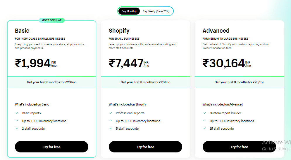 shopify pricing plans