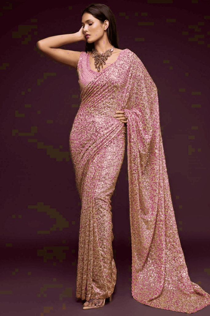 Sequins Embellished Ready to Wear Georgette Saree – Glamwiz India