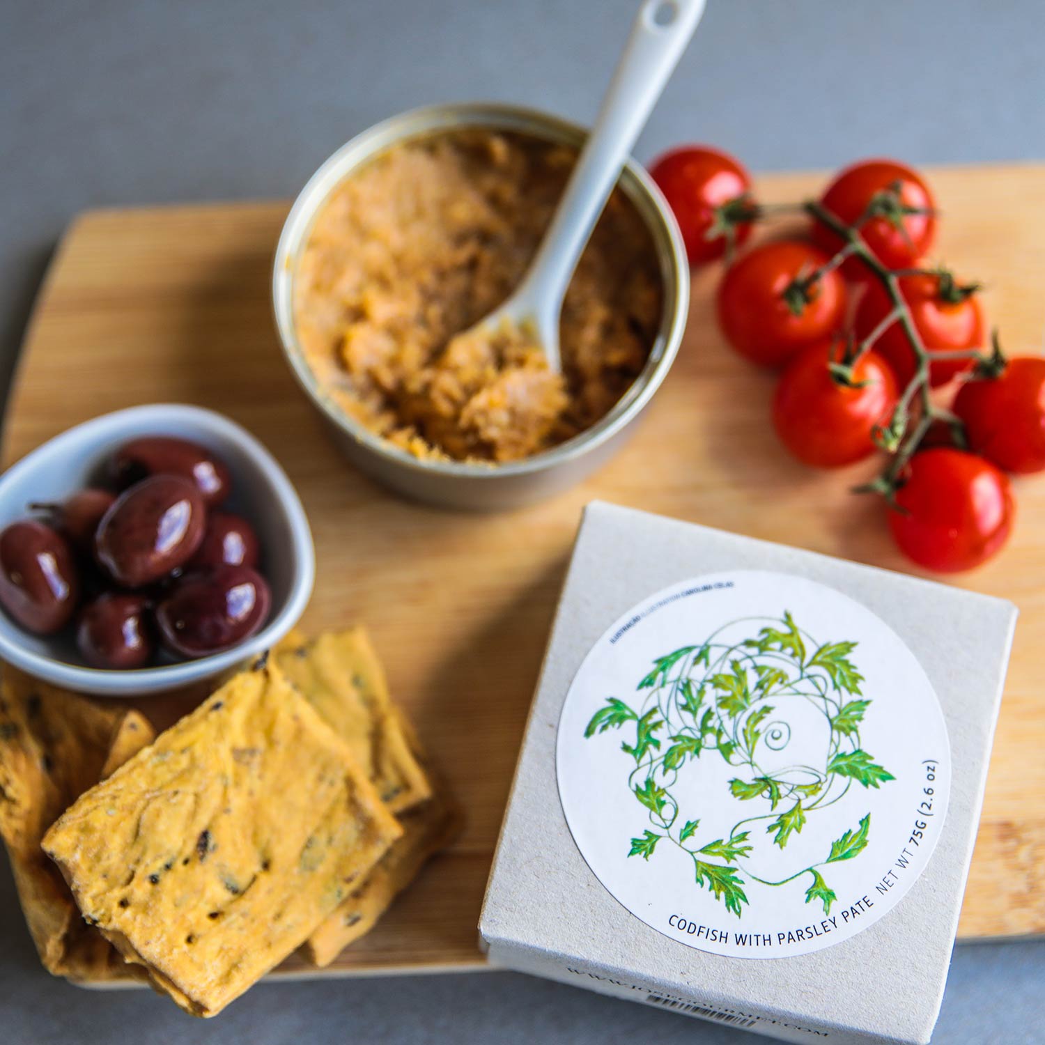 José Gourmet Codfish with Parsley Pate - served with olives, crackers and tomatoes