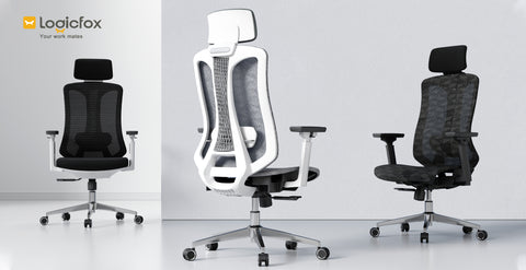 A picture of 3 chairs in different color, one is all balck color, one is white blend grey color, and final one is white with black color.