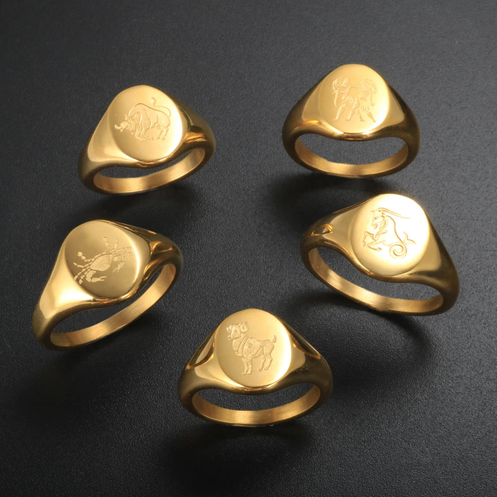 12 Zodiac Rings Aries Taurus Gemini Cancer Virgo Libra Customized Engraved Signet Rings
