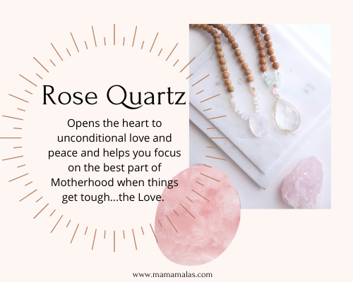 Photo of Rose Quartz Mama Mala and stone. Great for focusing on love in motherhood