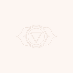 Tan graphic of the third eye chakra symbol on a light pink background.