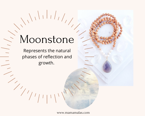 Pic of moonstone mama mala beads and stone. Great for living in flow.