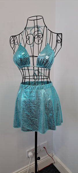 Turquoise Snake Thong Bikini & Skirt Set 3