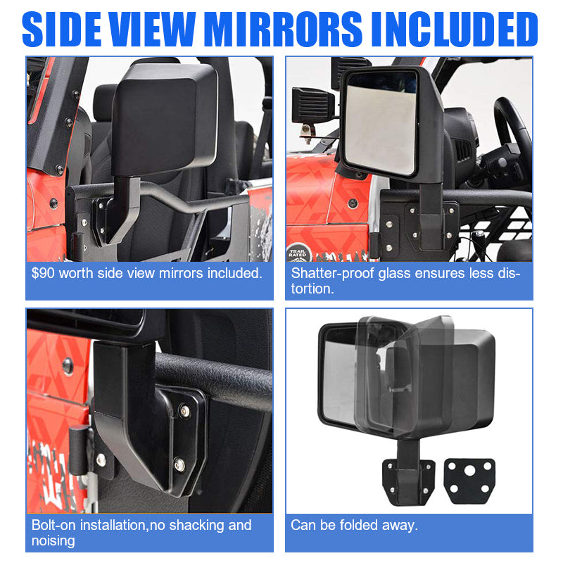 Crossbar Style Tube Doors with Side View Mirror for 2018+ Wrangler JL 4 Door