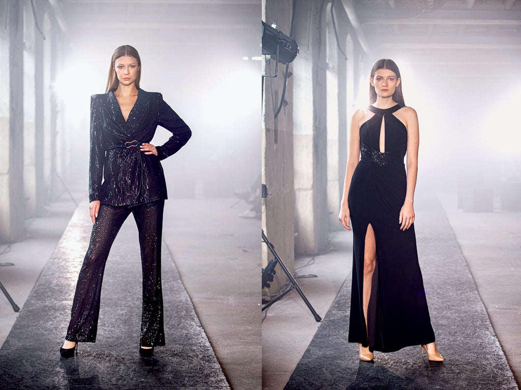 FW 22 Angelika Józefczyk Fashion show black sequinned suit black evening gown