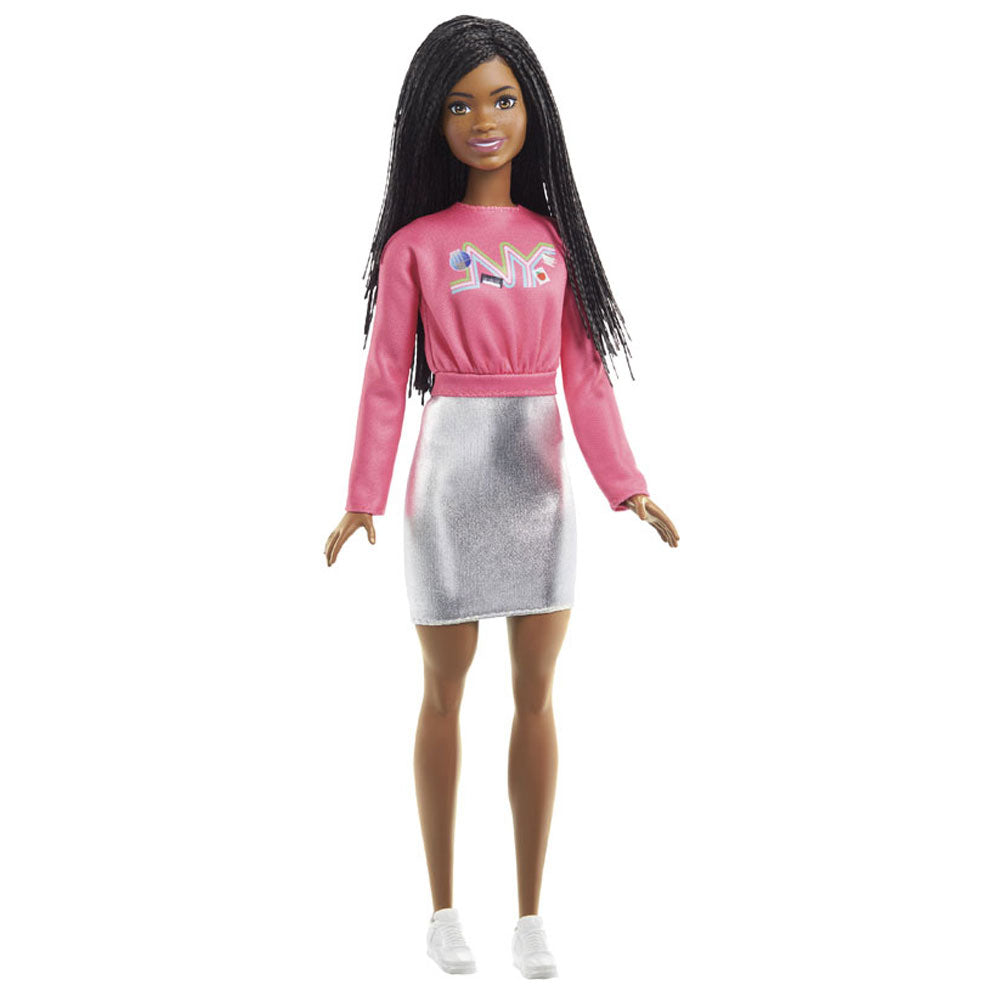 Barbie Fashionistas Doll 188 Curvy Black Hair Pink  Black Checkered  Dress Love Necklace Pink Sneakers Toy for Kids Ages 3 and Up