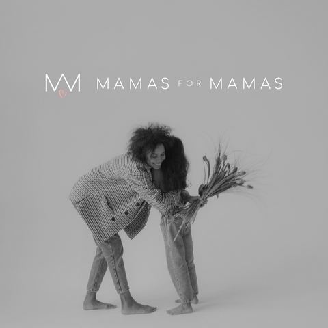 Mom bending down to hug daughter with mamas for mamas logo on top of image