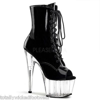 Adore 1021 Lace Up Black Patent Clear Platform Ankle Boot 7