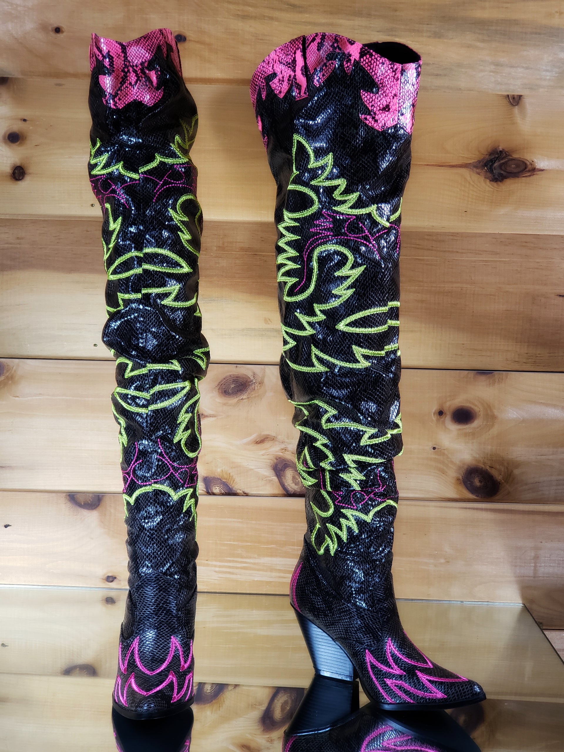 CR Kelsey 21 Rock Star Black & Neon Western Slouch OTK Thigh High ...