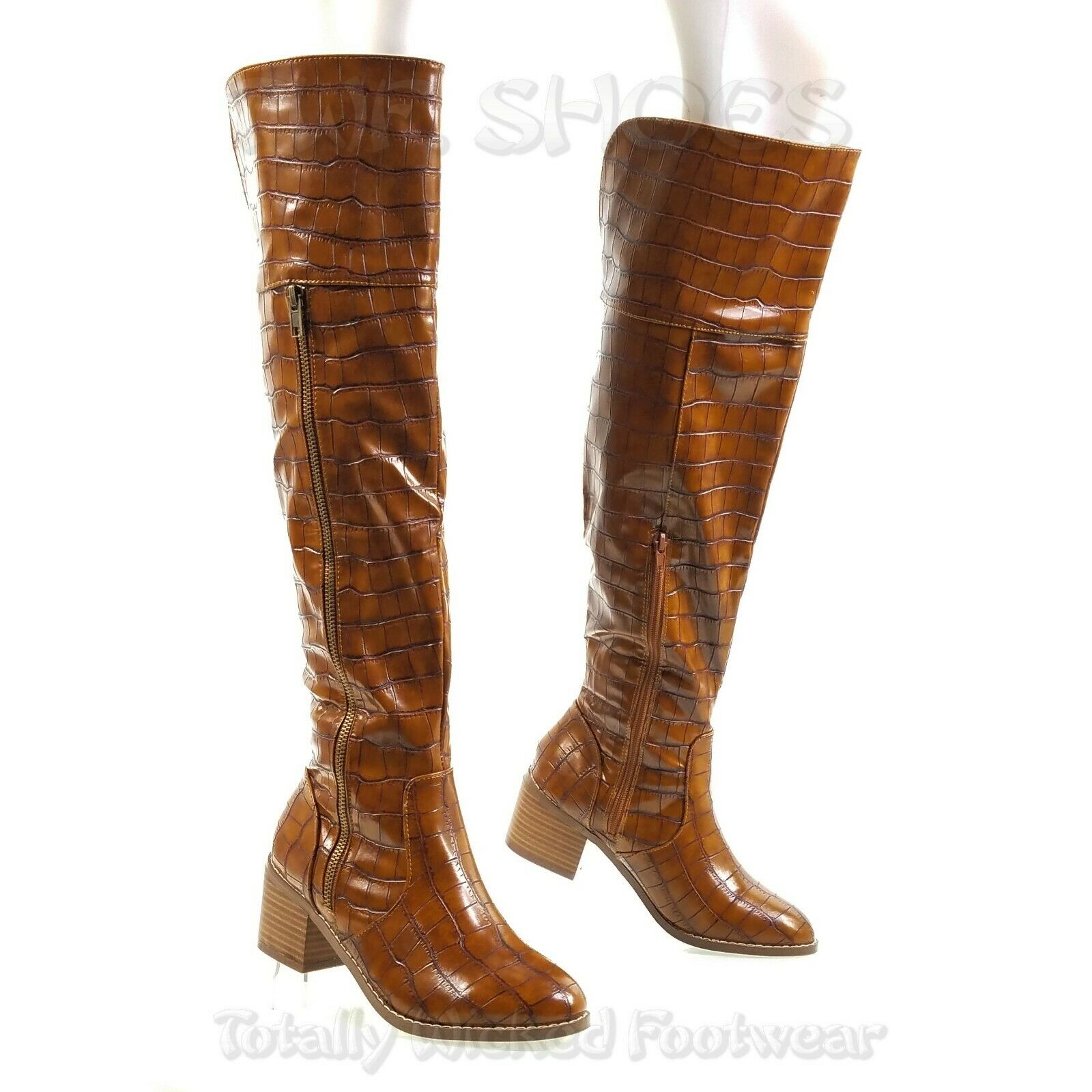 Charlette Tan Croc Reptile Knee High Boots 2.5" Kitten Block Heels 7-11