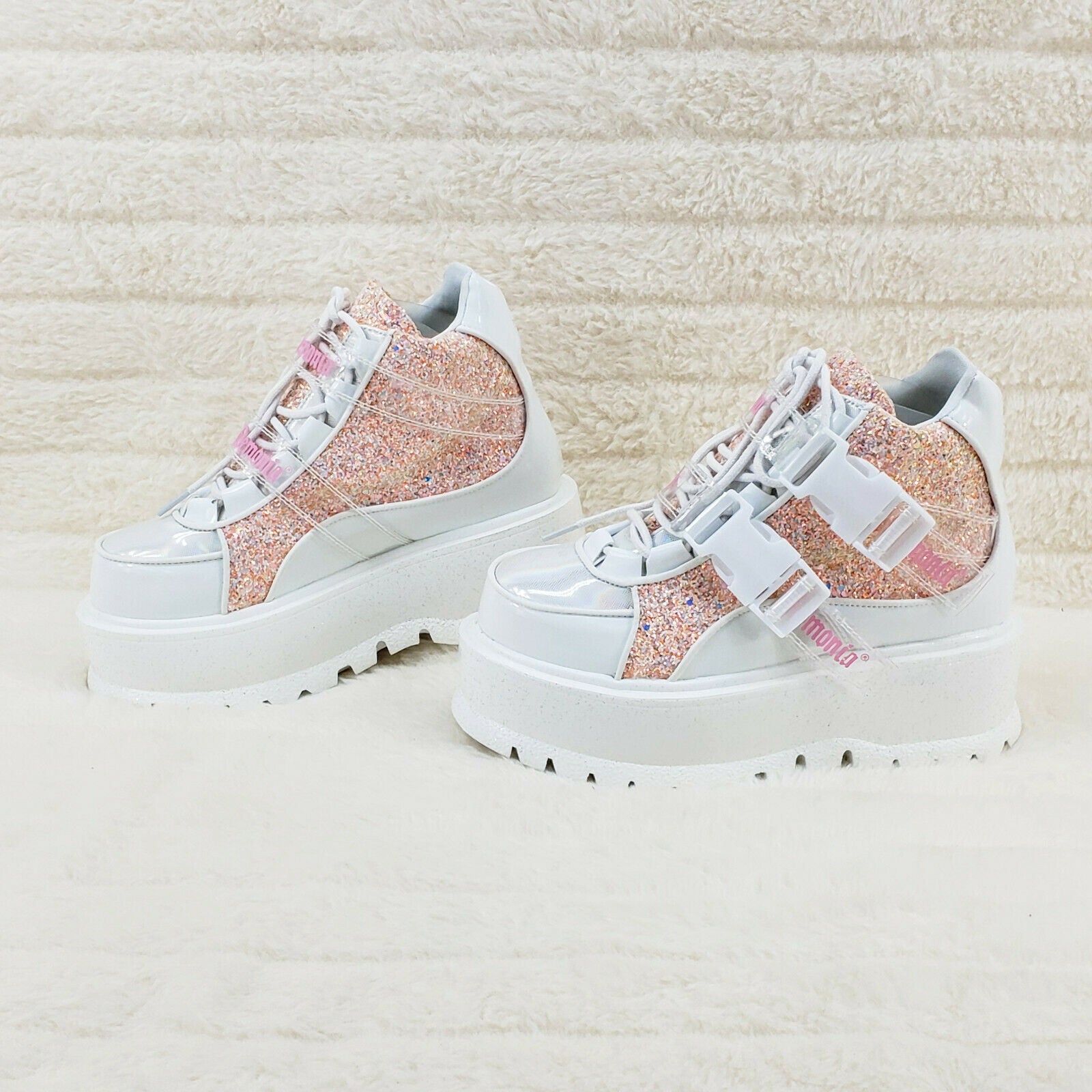 Slacker 50 White Pink Glitter Platform Sneaker Ankle Boots