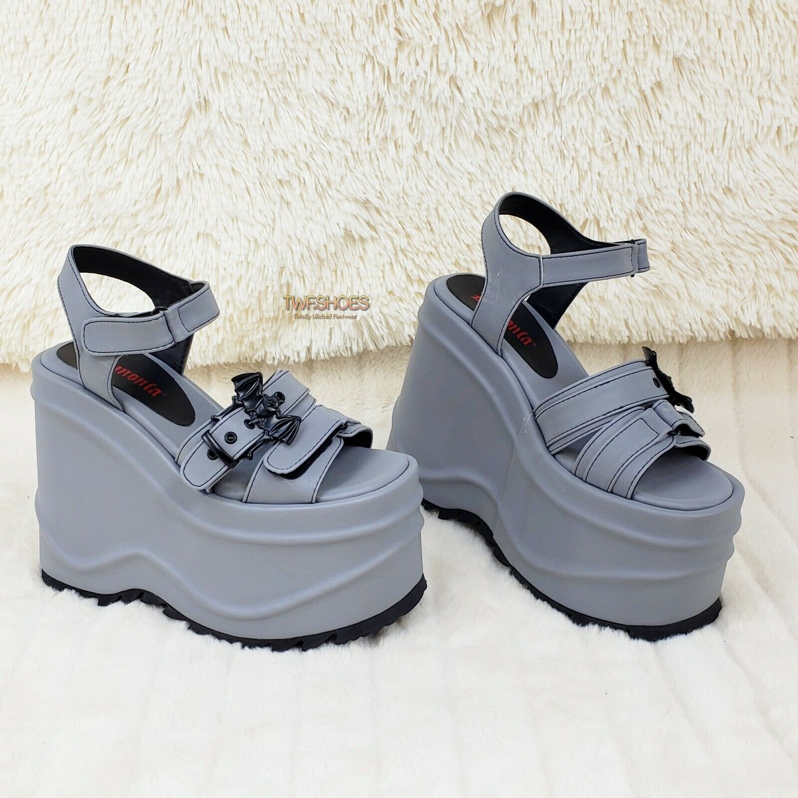 Wave 13 - 6" Platform Goth Bat Buckle Closure Sandals Shoes Gray Reflective NY