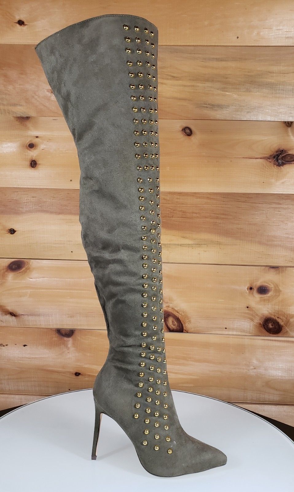 So Me May Olive Green Pointy Toe High Heel OTK Above Knee Boots Gold Stud  Stripe | Totally Wicked Footwear