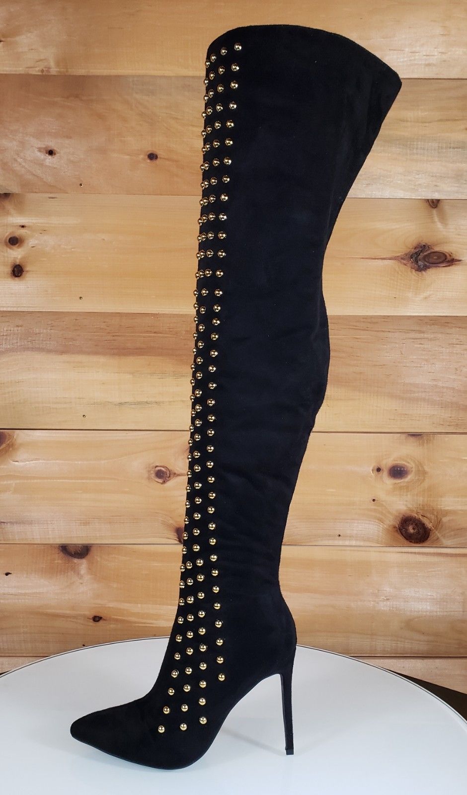 So Me May Black Pointy Toe High Heel OTK Above Knee Boots Gold Stud ...