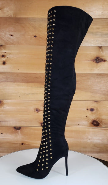 So Me May Black Pointy Toe High Heel OTK Above Knee Boots Gold Stud ...