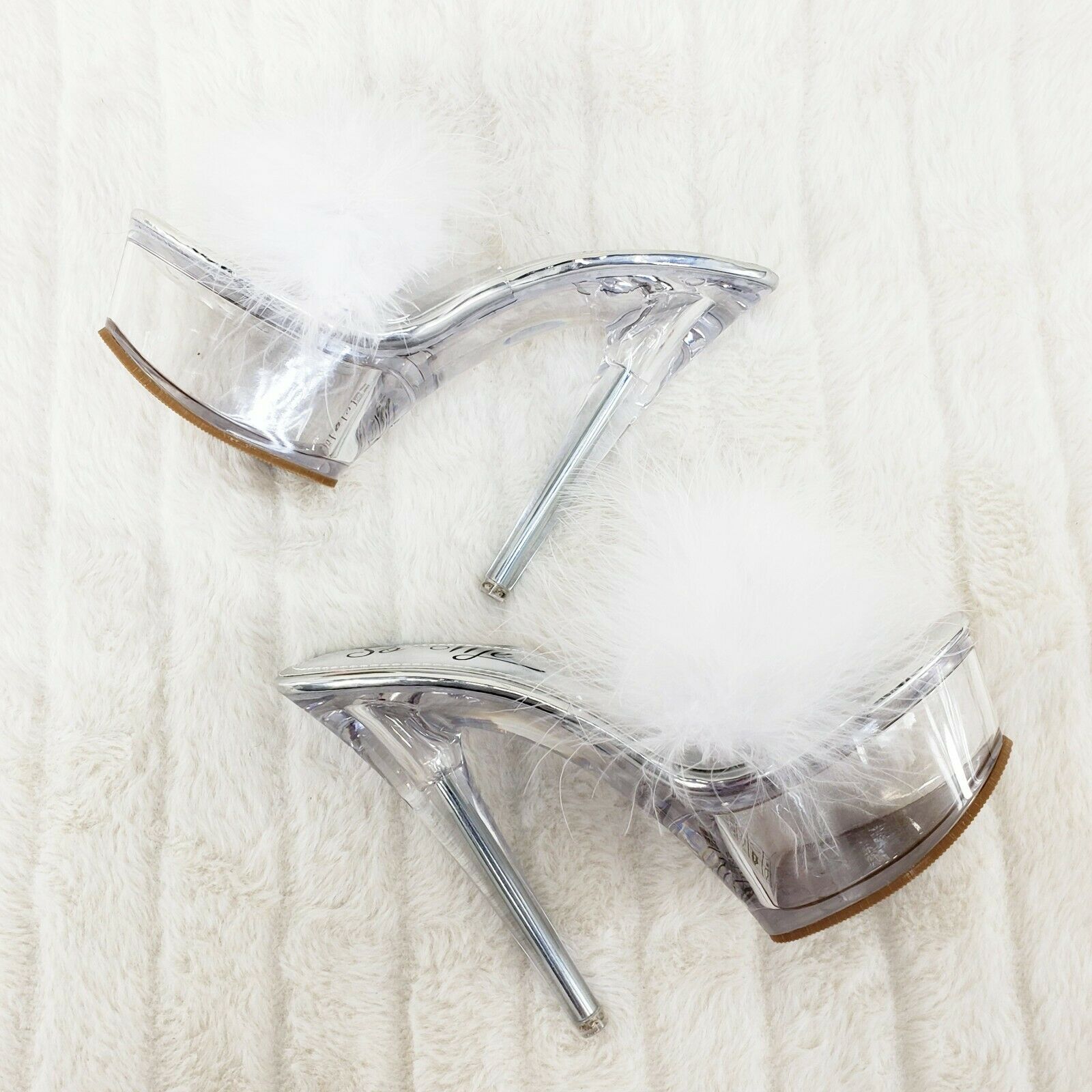 So Me Marabou Feather Slip On Platform Sandals 6" Stiletto Heel Pole Shoes White