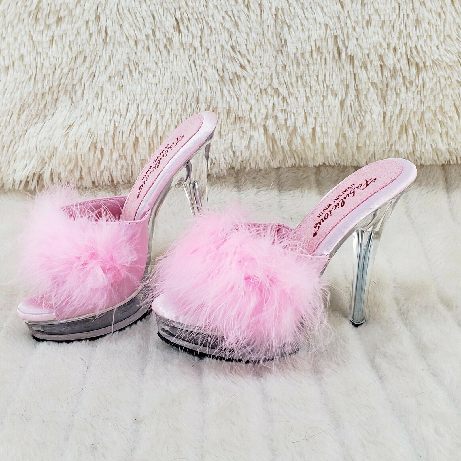 Majesty 501 Marabou Feather Slip On Platform Sandals 6" Stiletto Heel Shoes Pink