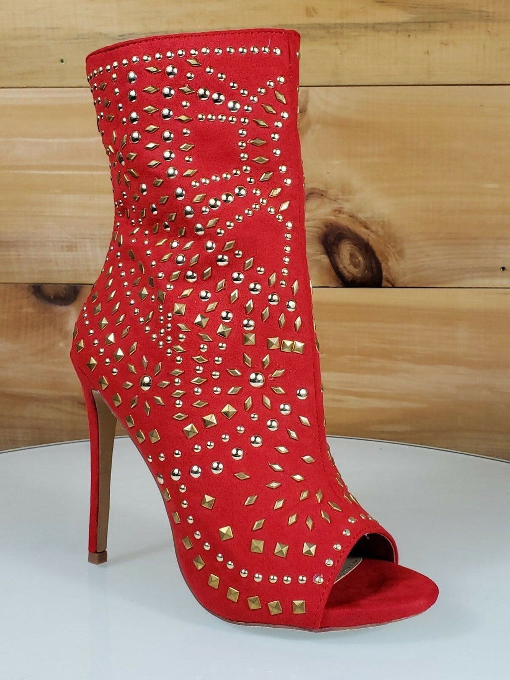 Liliana Teri Red Peep Toe Metal Stud 4.75" High Heel Boot | Totally Wicked Footwear